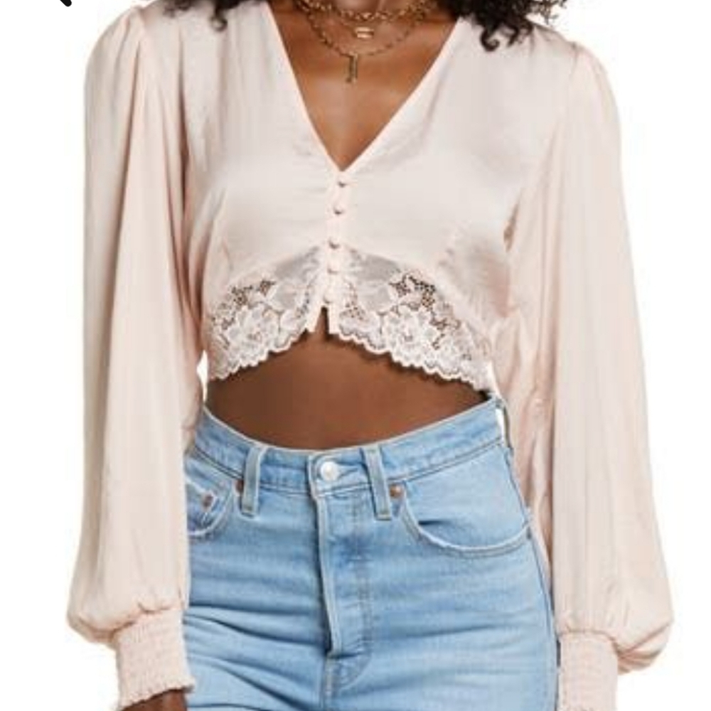 Pink Lace Trim Satin Blouse